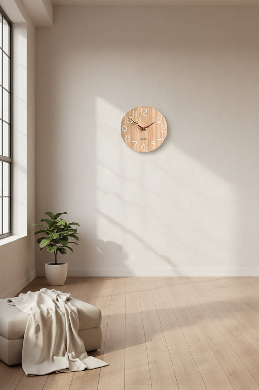 Stylish wooden wall clock by Woody's Rituals featuring a creative design and whisper-quiet operation for elegant home decor.