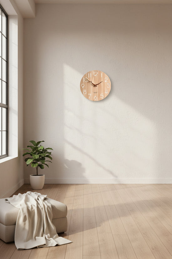 Stylish wooden wall clock by WoodyKitchenware featuring a creative design and whisper-quiet operation for elegant home decor.