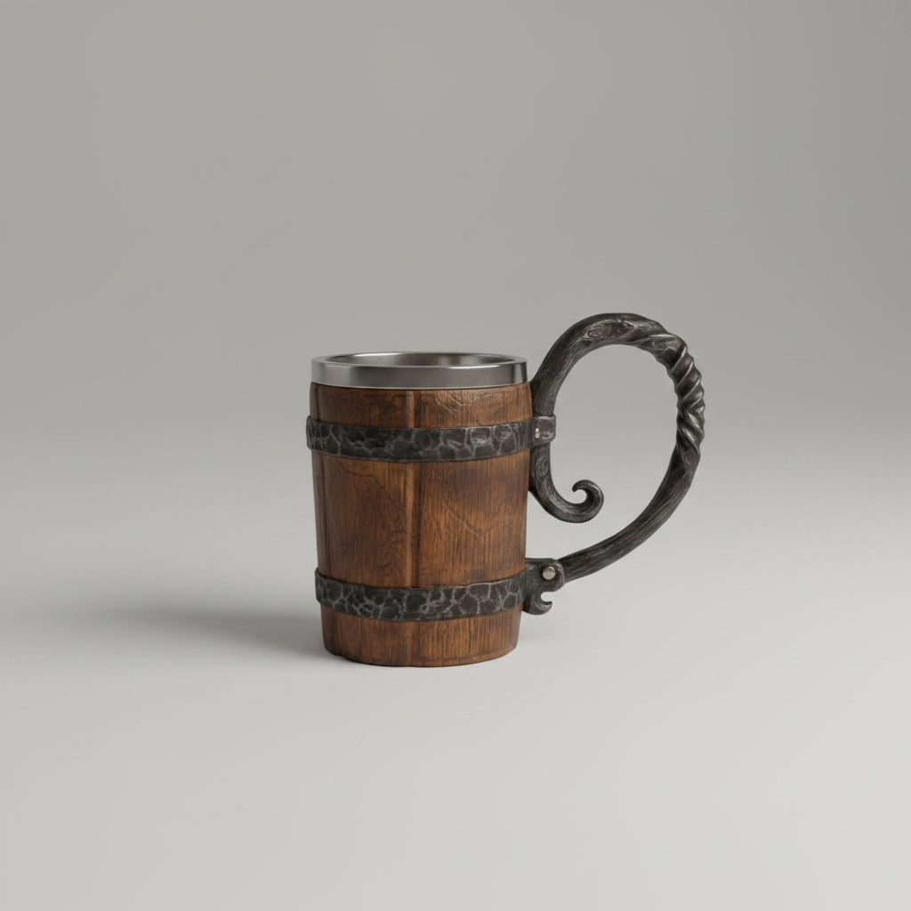 Sculpted charred barrel stein from WoodyKitchenware, The Hearth’s Sentinel, featuring detailed woodgrain and handcrafted design.
