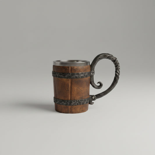 Sculpted charred barrel stein from WoodyKitchenware, The Hearth’s Sentinel, featuring detailed woodgrain and handcrafted design.