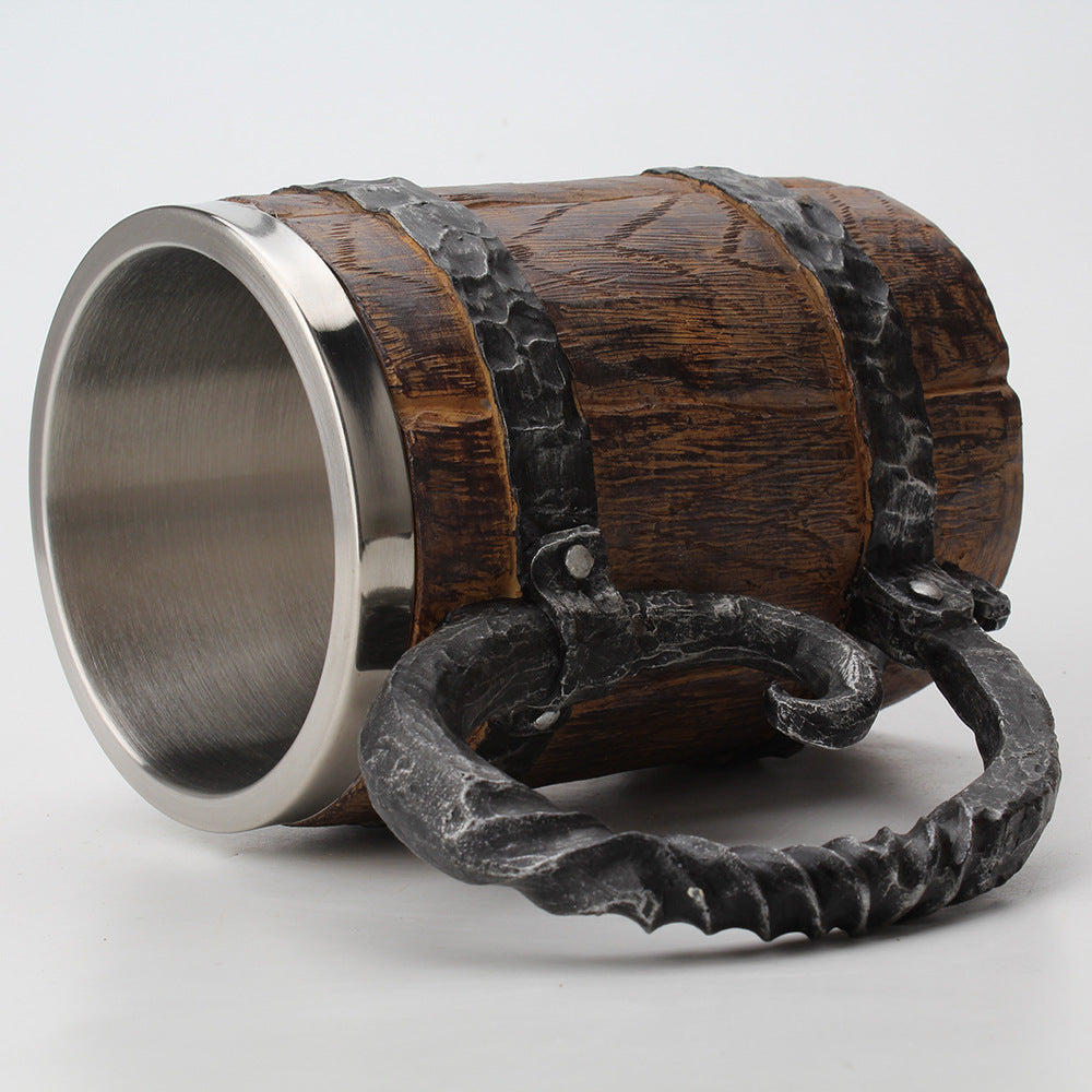 Sculpted charred barrel stein by WoodyKitchenware, The Hearth’s Sentinel, featuring detailed woodgrain and barrel design in ceramic.