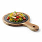 Black wood pizza dish from WoodyKitchenware, a stylish wooden plate for serving pizza and flavorful dishes on rustic tableware.