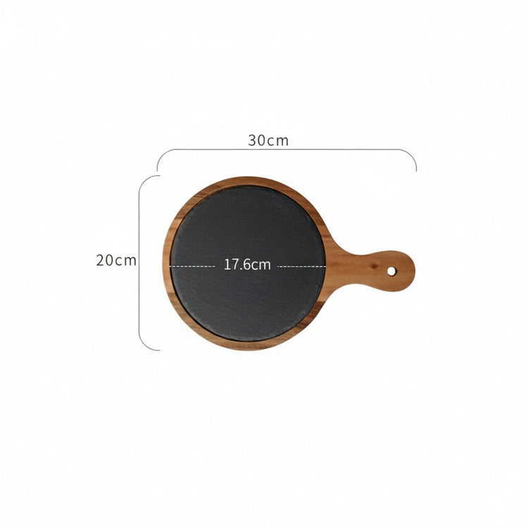 Black wooden pizza dish plate by WoodyKitchenware, perfect for serving pizza or snacks in style with natural wood finish.