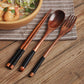 Set of colorful wooden spoons from WoodyKitchenware, eco-friendly Korean-inspired tableware with vibrant, natural wood finishes.