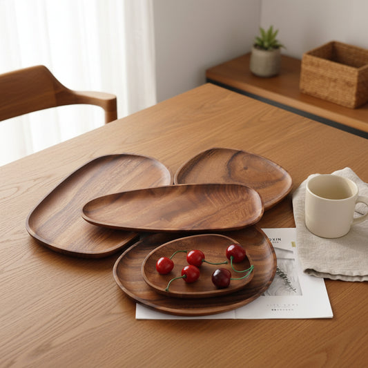Handcrafted black walnut serving tray from WoodyKitchenware, ideal for sushi, tea, fruits, and snacks, with an irregular shape.