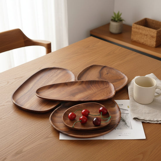 Handcrafted black walnut serving tray from WoodyKitchenware, ideal for sushi, tea, fruits, and snacks, with an irregular shape.