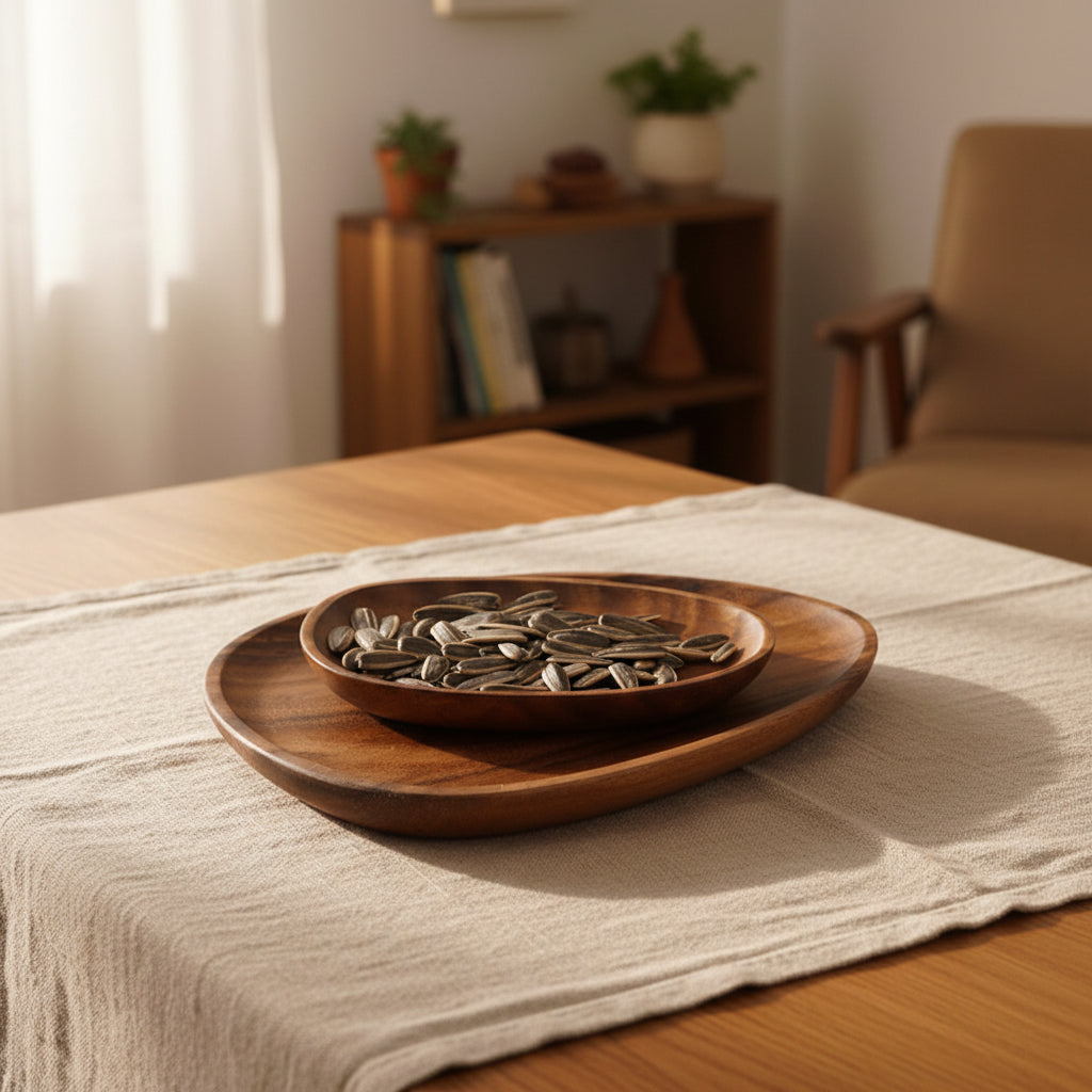 Handcrafted black walnut serving tray from WoodyKitchenware, ideal for sushi, tea, fruits, and snacks, with an irregular shape.