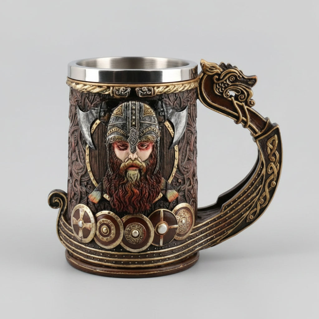 Medieval Viking mug by WoodyKitchenware, Norse lore tankard made of solid wood for traditional drinking and display.