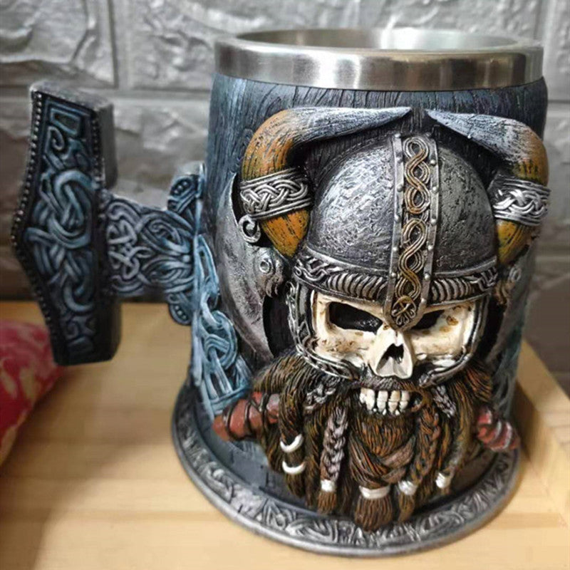 Medieval Viking mug made of solid wood, Norse lore-themed tankard by WoodyKitchenware, detailed carved Viking design.