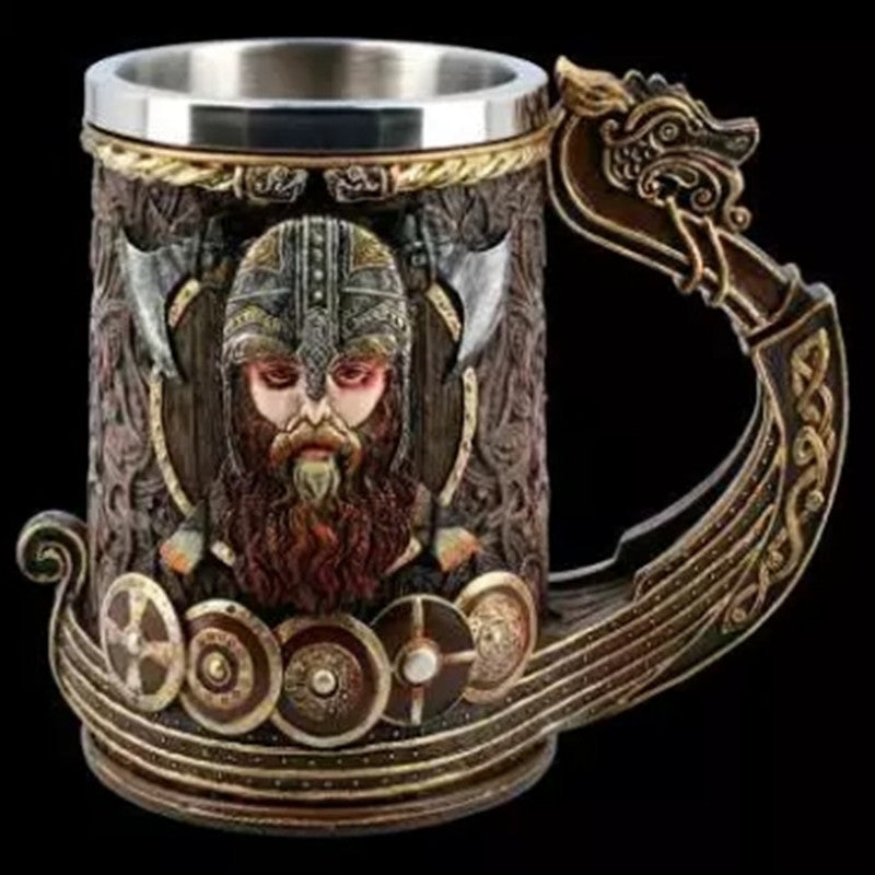 Medieval Viking wooden mug featuring Norse lore designs, handcrafted drink tankard by WoodyKitchenware for authentic Viking style.