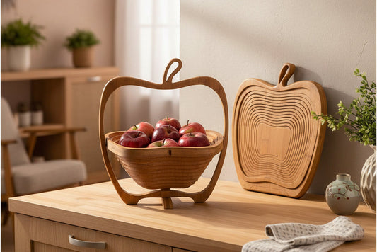 WoodyKitchenware folding fruit basket, made of natural materials, showcasing a stylish and practical kitchen storage solution.