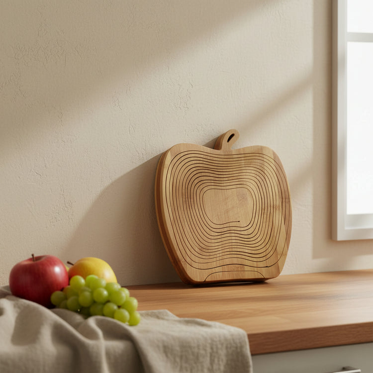 WoodyKitchenware folding fruit basket featuring a natural wood finish, designed for stylishly organizing fruits at home.