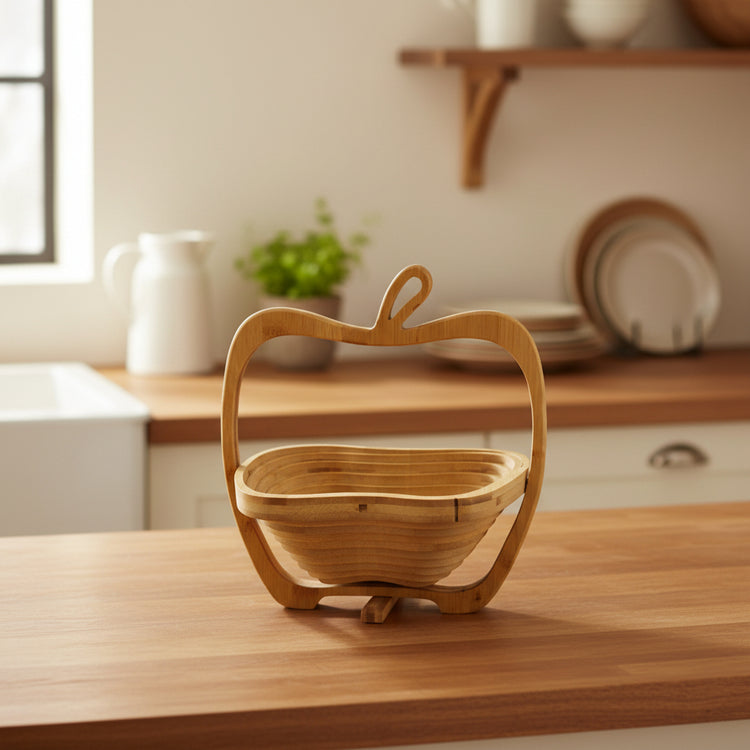 WoodyKitchenware folding fruit basket showcasing a natural wooden design, ideal for organizing fruits in a stylish home setting.
