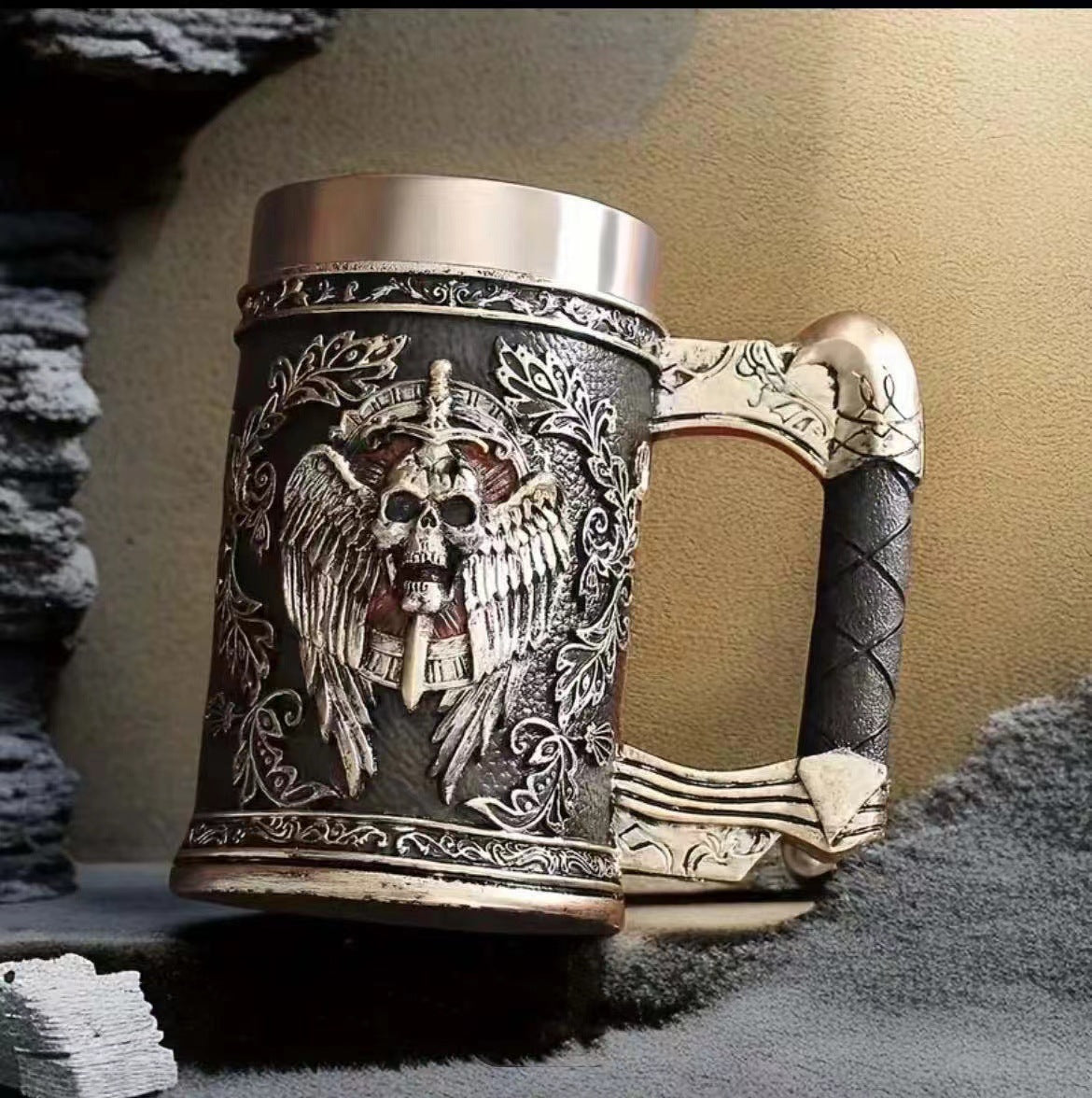Medieval wood beer mug by Shadow Sovereign from WoodyKitchenware, featuring detailed craftsmanship and a rustic tankard design.