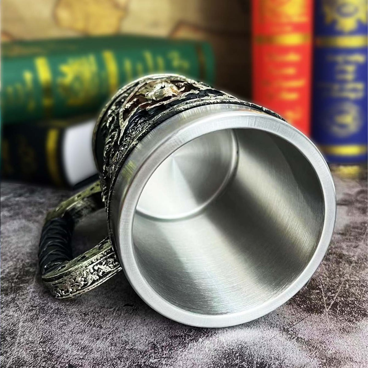 Medieval wood beer mug by WoodyKitchenware, Shadow Sovereign solid wood beer tankard with detailed craftsmanship and medieval design.