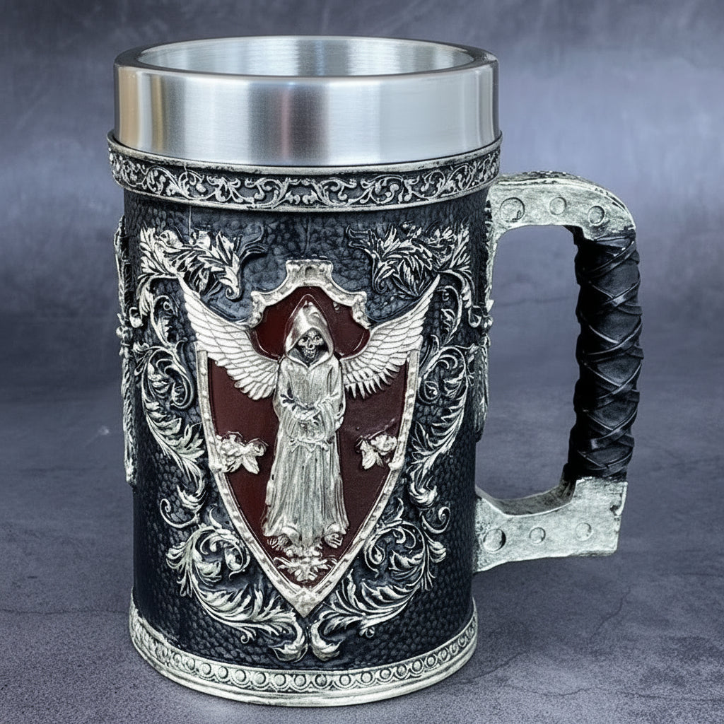 Medieval wooden beer mug by WoodyKitchenware with detailed shadow sovereign design, crafted by WoodyKitchenware.