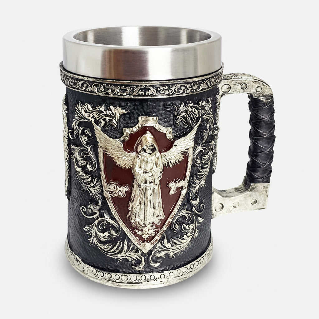 Medieval-style wooden beer mug by WoodyKitchenware with detailed carved design, crafted by WoodyKitchenware for authentic beer drinking.
