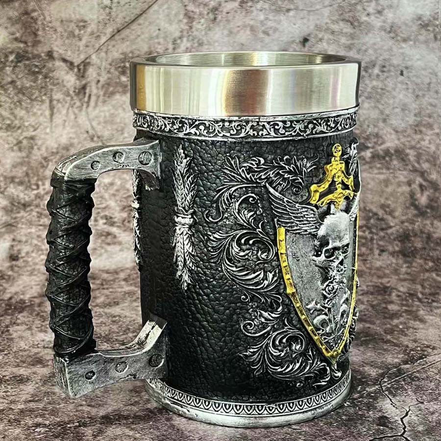 Medieval beer mug by WoodyKitchenware featuring Shadow Sovereign design, crafted from solid wood for authentic beer drinking.