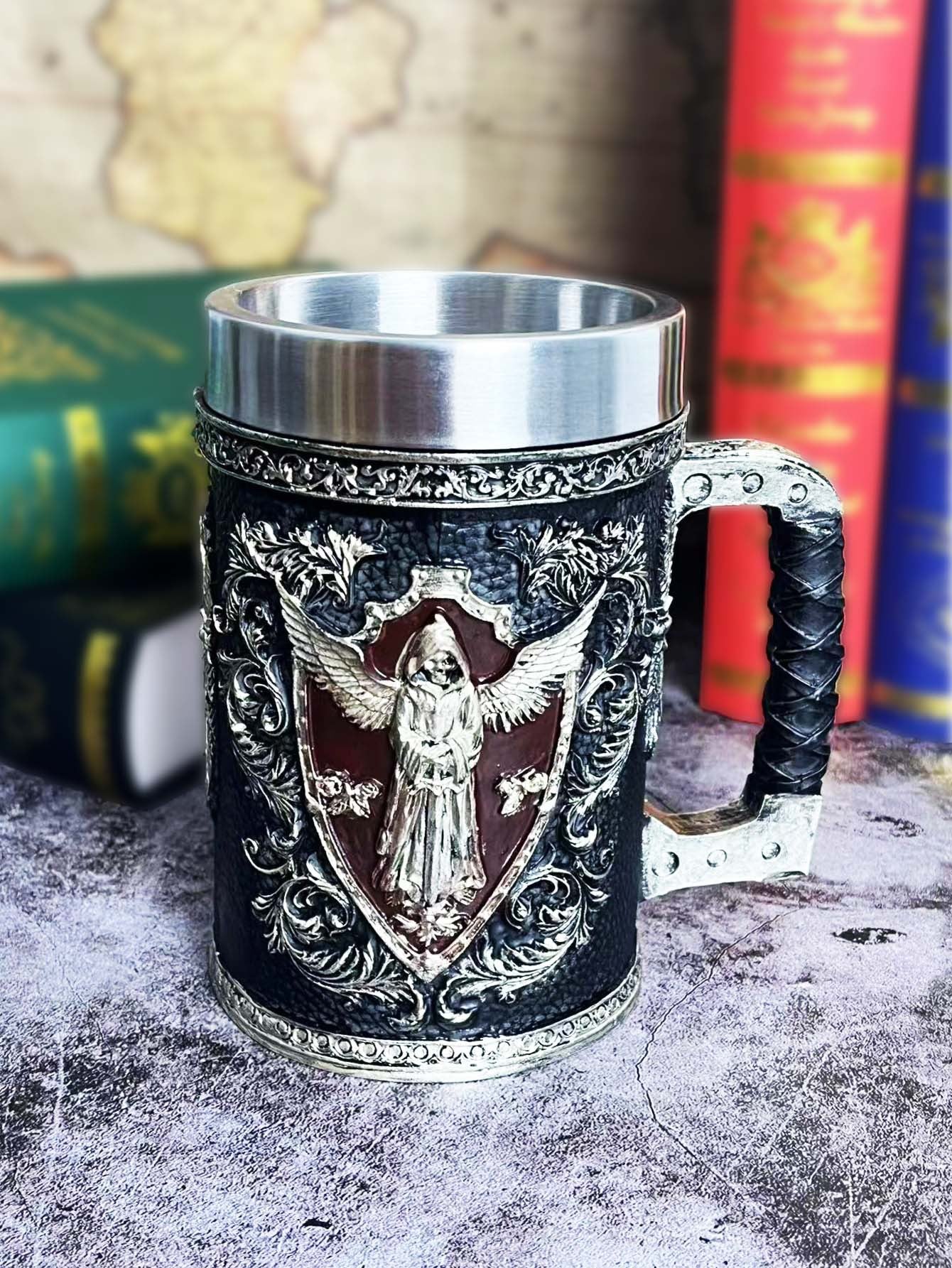 Medieval wooden beer mug by WoodyKitchenware, Shadow Sovereign solid wood tankard with detailed craftsmanship and rustic design.