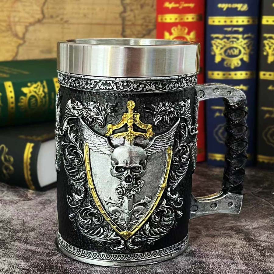 Medieval wooden beer mug by WoodyKitchenware, Shadow Sovereign Solid Wood Tankard, detailed craft beer drink mug with carved design.