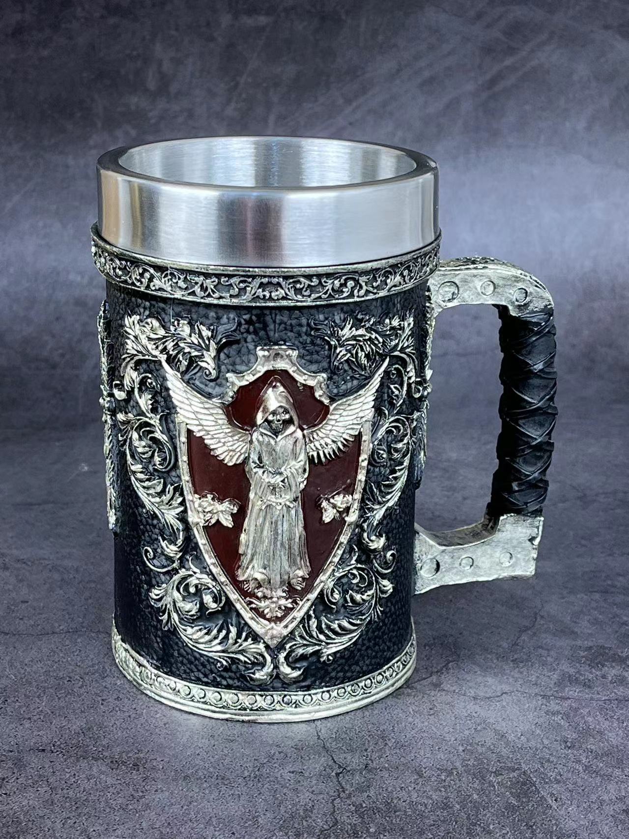 Medieval beer mug by WoodyKitchenware featuring Shadow Sovereign design, crafted from solid wood for authentic beer drinking experience