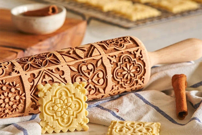 Wooden square embossed rolling pin with window grille pattern from WoodyKitchenware, showing detailed carved design on a light wood surface.