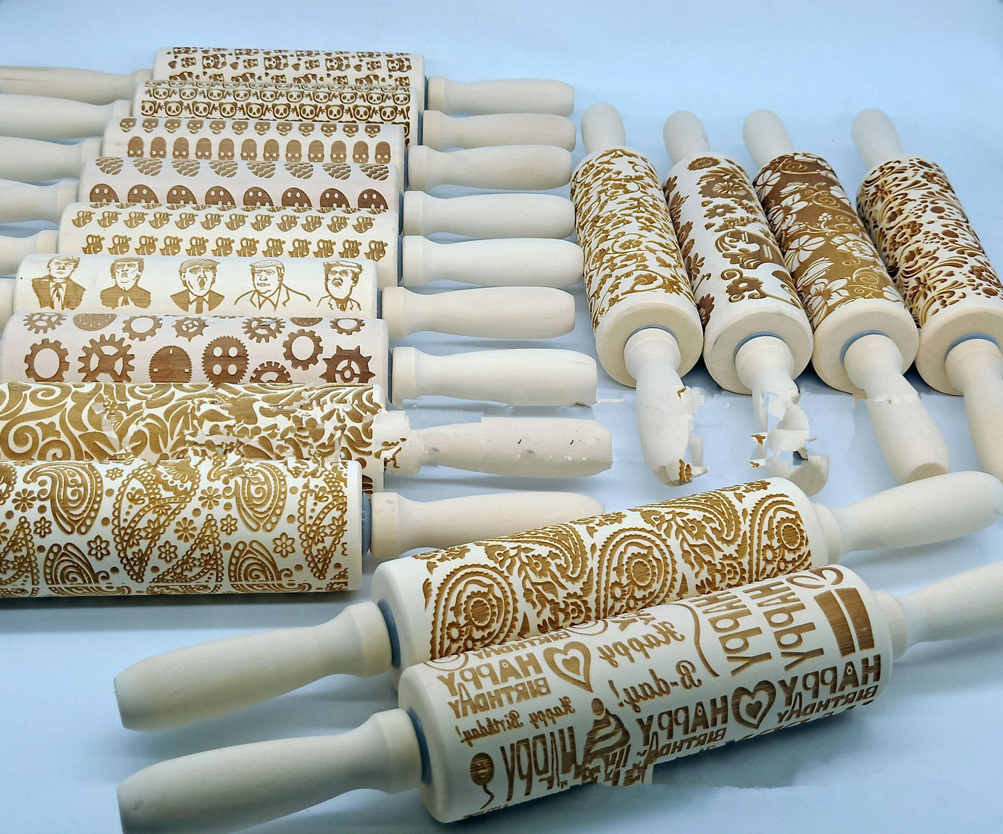 Wooden square embossed rolling pin with window grille pattern by WoodyKitchenware, showing detailed carved design on a light wood surface.