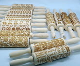 Wooden square embossed rolling pin with window grille pattern by WoodyKitchenware, showing detailed carved design on a light wood surface.