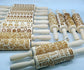 Wooden square embossed rolling pin with window grille pattern by WoodyKitchenware, showing detailed carved design on a light wood surface.