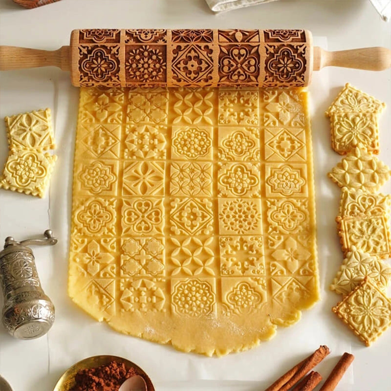 Wooden square embossed rolling pin with window grille pattern from WoodyKitchenware, showcasing detailed carved design on smooth wood handle.
