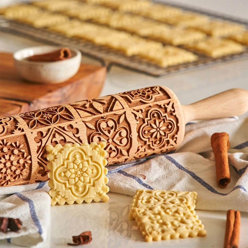 Wooden square embossed rolling pin with window grille pattern from WoodyKitchenware, showcasing detailed wood grain and pattern design.