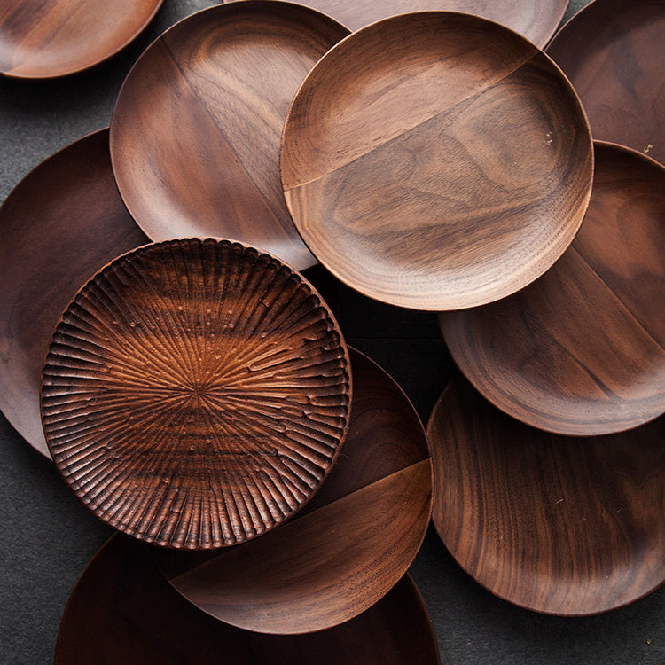 Black Walnut round breakfast tray by WoodyKitchenware, showing a smooth wooden serving tray with handles for morning use.