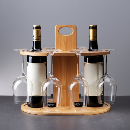 Wooden wine rack ornament by WoodyKitchenware, made of bamboo, showcasing a stylish red wine holder for display and decor.