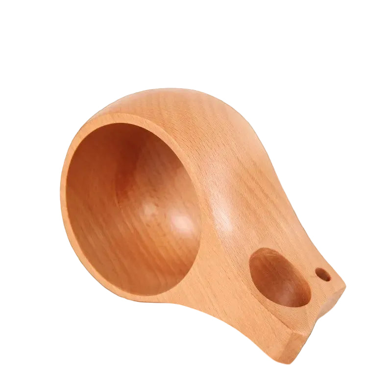 Hand-carved beechwood kuksa cup from WoodyKitchenware, featuring a single-hole design and natural wood grain.