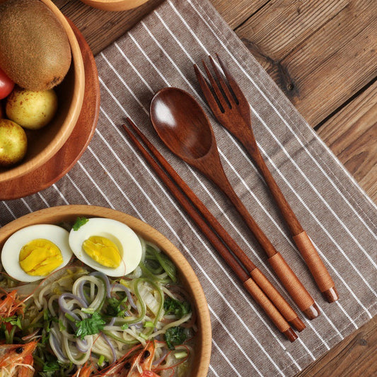 Wooden long handle couple spoon and chopsticks set by WoodyKitchenware, portable tableware for travel and dining.