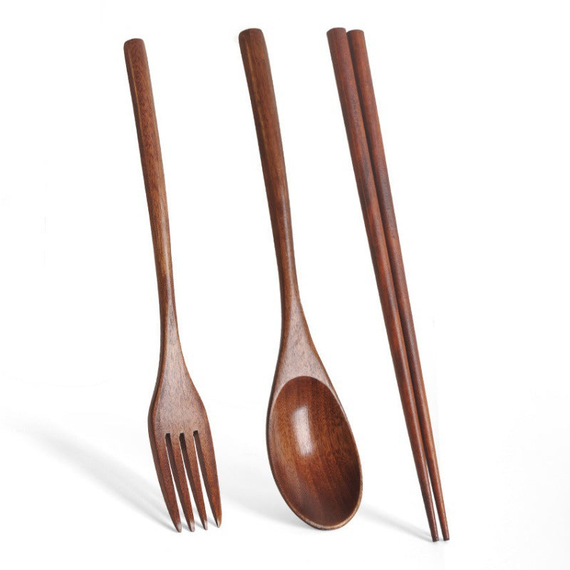 Wooden long-handle couple spoon and chopsticks set by WoodyKitchenware, portable tableware for travel and dining.