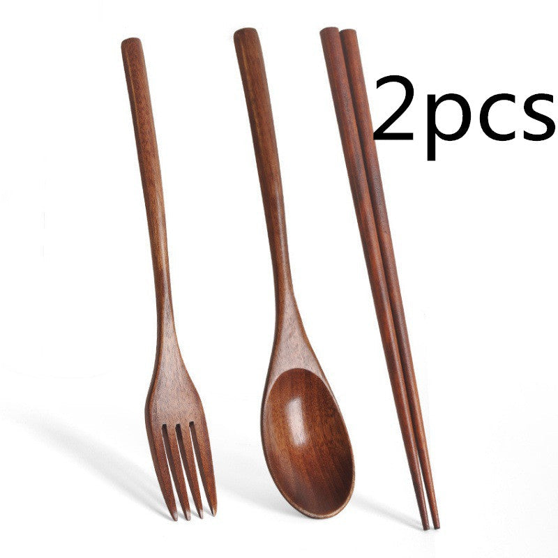 Black wooden long handle spoon and chopsticks set from WoodyKitchenware, portable tableware for travel and dining.