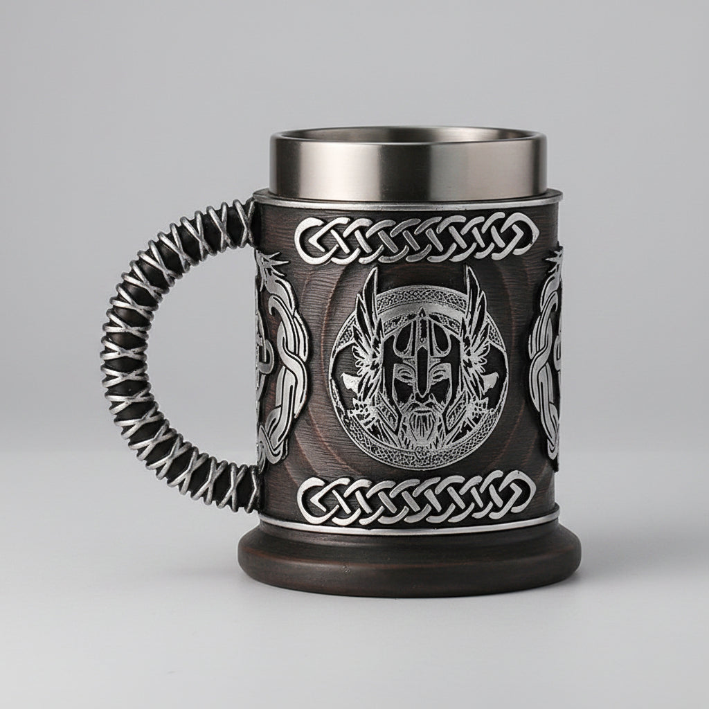 Black minimalist beer mug by WoodyKitchenware, featuring a God of War design, 600ml handcrafted wooden vessel for beer drinking.
