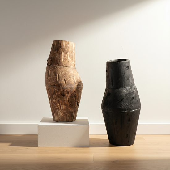 Creative wooden vase by WoodyKitchenware, black solid timber sculptural obelisk design for stylish home decor.