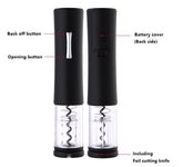 Black electric wine opener set by WoodyKitchenware with automatic corkscrew, foil cutter, and can opener on a sleek surface.