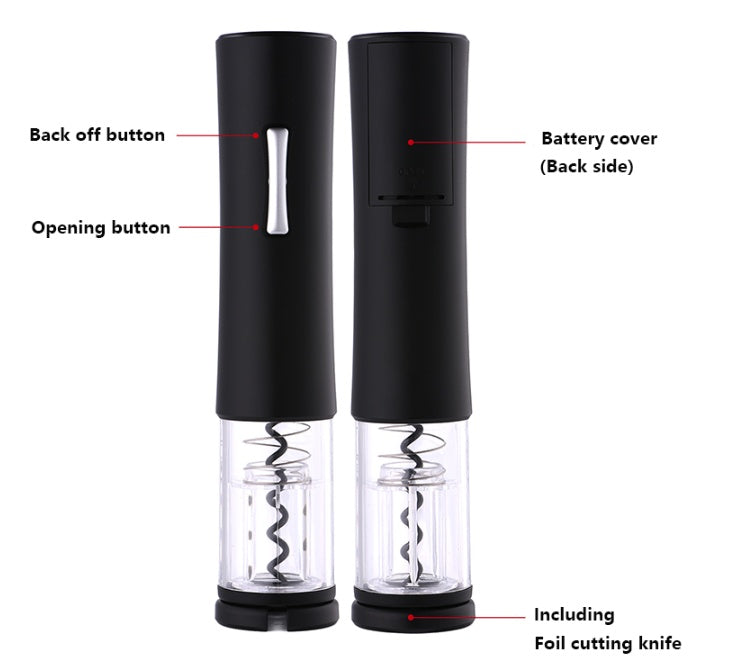 Black electric wine opener set by WoodyKitchenware with automatic corkscrew, foil cutter, and can opener on a sleek surface.
