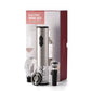 Black electric wine opener set by WoodyKitchenware with automatic corkscrew, foil cutter, and can opener, displayed on a wooden surface.