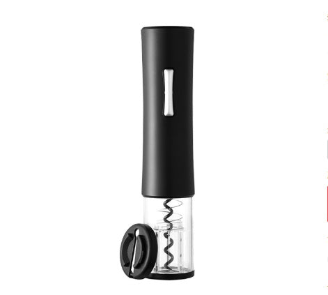 Black electric wine opener set by WoodyKitchenware with automatic corkscrew, foil cutter, and can opener, displayed on a countertop.