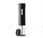Black electric wine opener set by WoodyKitchenware with automatic corkscrew, foil cutter, and can opener, displayed on a countertop.