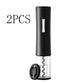 Black electric wine opener set by WoodyKitchenware with automatic corkscrew, foil cutter, and can opener for easy wine opening.