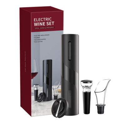 Black electric wine opener set by WoodyKitchenware with automatic corkscrew, foil cutter, and can opener, displayed on a wooden surface.
