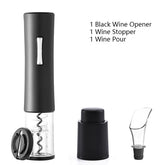 Black electric wine opener set by WoodyKitchenware with automatic corkscrew, foil cutter, and can opener displayed on a countertop.