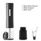 Black electric wine opener set by WoodyKitchenware with automatic corkscrew, foil cutter, and can opener displayed on a countertop.