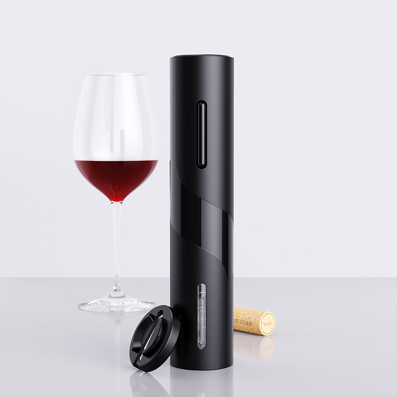 Black electric wine opener set by WoodyKitchenware with automatic corkscrew, foil cutter, and can opener in a sleek design.
