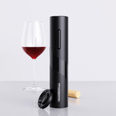 Black electric wine opener set by WoodyKitchenware with automatic corkscrew, foil cutter, and can opener in a sleek design.